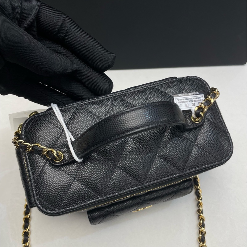 Chanel 手提長盒子化妝包 黑色金扣荔枝牛皮 芯片款-6