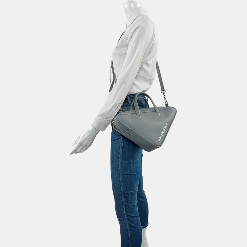BALENCIAGA Triangle小號灰色牛皮印花單肩包斜挎包手提包 銀色五金 可拆卸肩帶-1