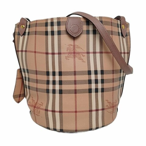 BURBERRY 水桶包粉色塗層帆布戰馬格紋斜挎包 金色五金