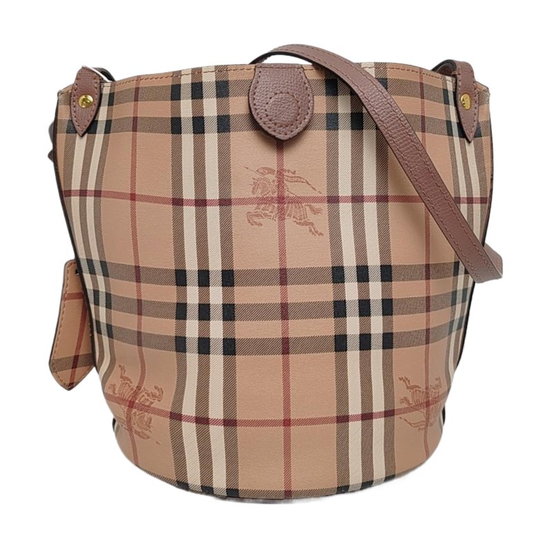 BURBERRY 水桶包粉色塗層帆布戰馬格紋斜挎包 金色五金-0