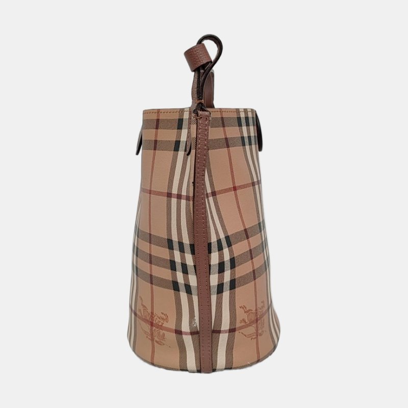 BURBERRY 水桶包粉色塗層帆布戰馬格紋斜挎包 金色五金-2