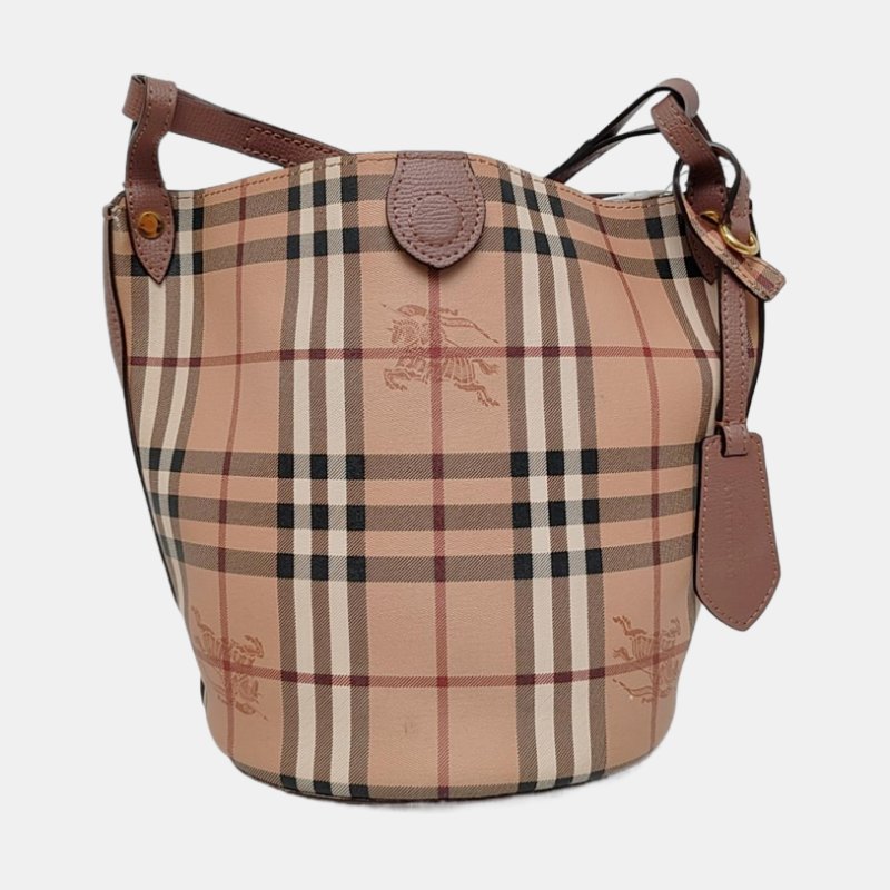 BURBERRY 水桶包粉色塗層帆布戰馬格紋斜挎包 金色五金-4