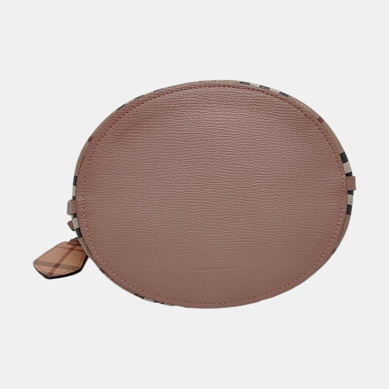 BURBERRY 水桶包粉色塗層帆布戰馬格紋斜挎包 金色五金-5