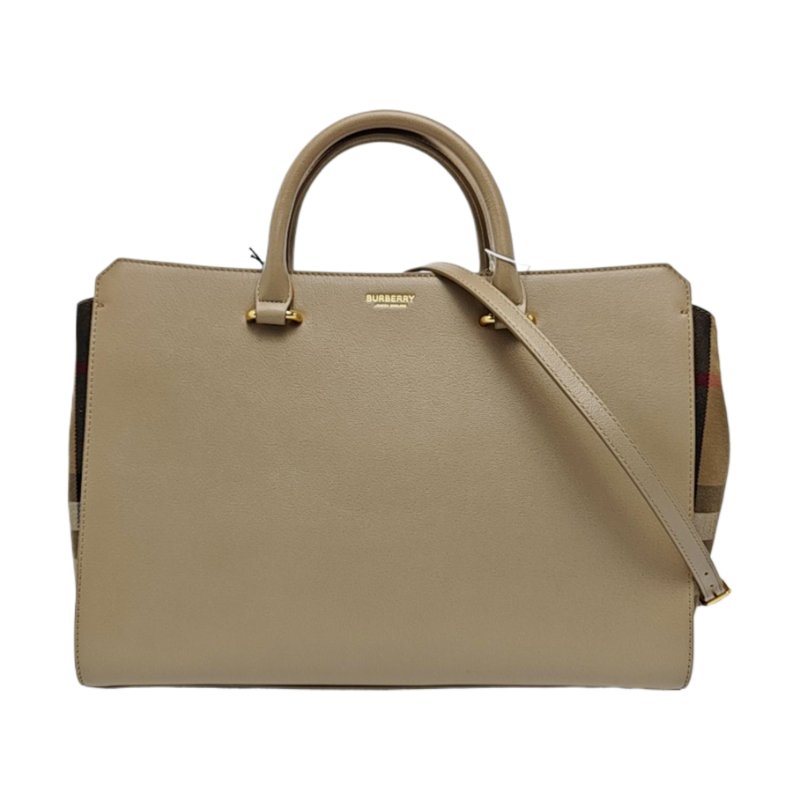 BURBERRY 托特包卡其色牛皮單肩包 金色五金 可拆卸肩帶 9.8新-0