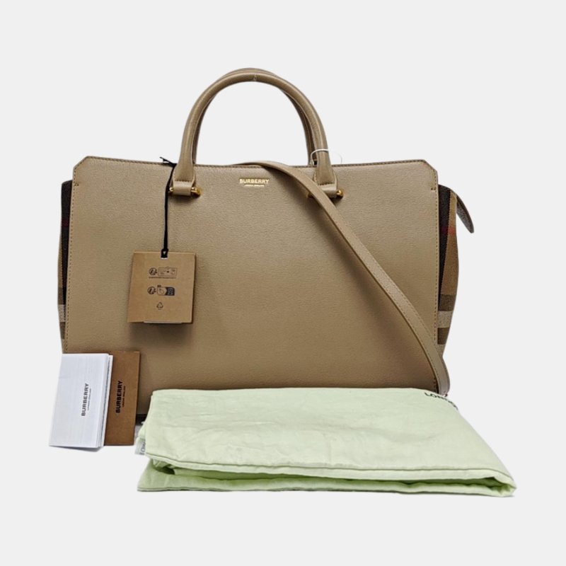 BURBERRY 托特包卡其色牛皮單肩包 金色五金 可拆卸肩帶 9.8新-7