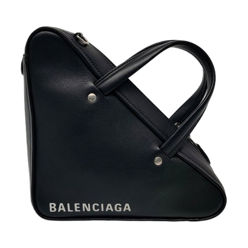 BALENCIAGA Triangle 黑色牛皮印花單肩包斜挎包手提包 銀色五金 可拆卸肩帶-0