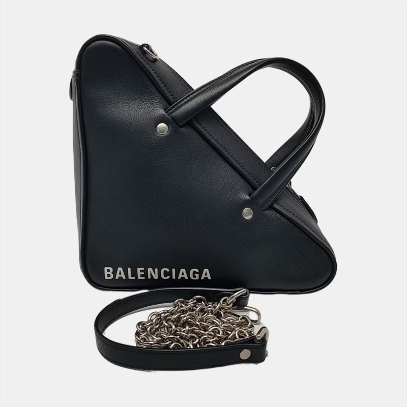 BALENCIAGA Triangle 黑色牛皮印花單肩包斜挎包手提包 銀色五金 可拆卸肩帶-7