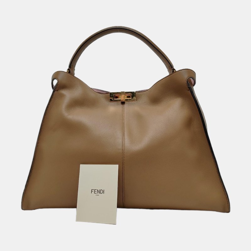 FENDI Peekaboo Essential大號棕色牛皮手提包 金色五金-7