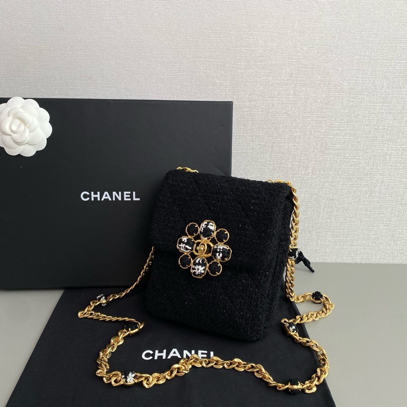 Chanel 黑金編織豎版鏈條包 tweed 晶片款-3
