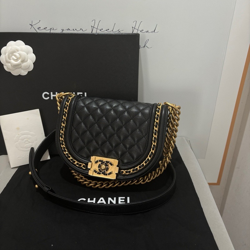 Chanel 黑金leboy馬鞍包 黑金荔枝皮半月包 99新🔥-4