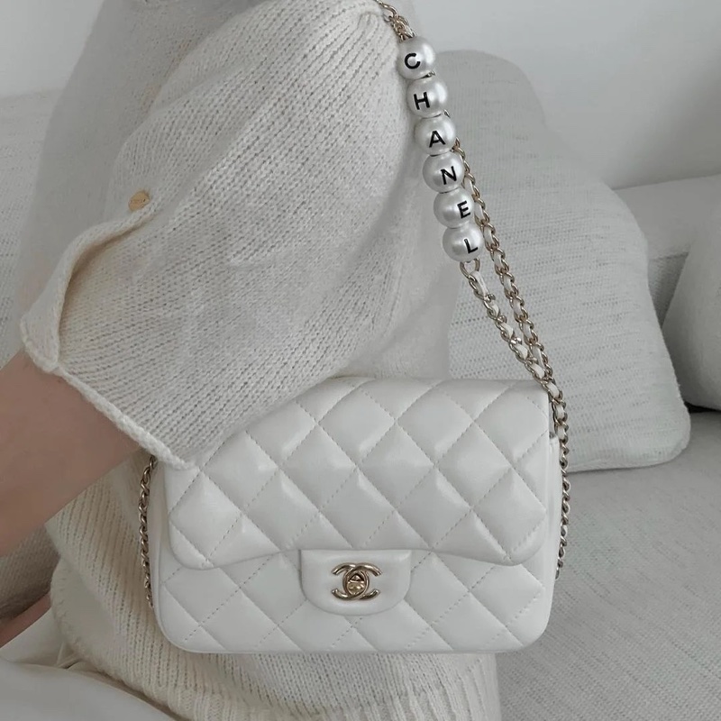 Chanel 白色羊皮 珍珠鏈條cf 大mini-0