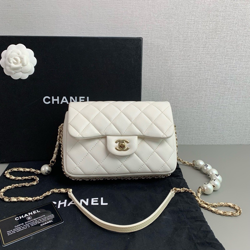 Chanel 白色羊皮 珍珠鏈條cf 大mini-3