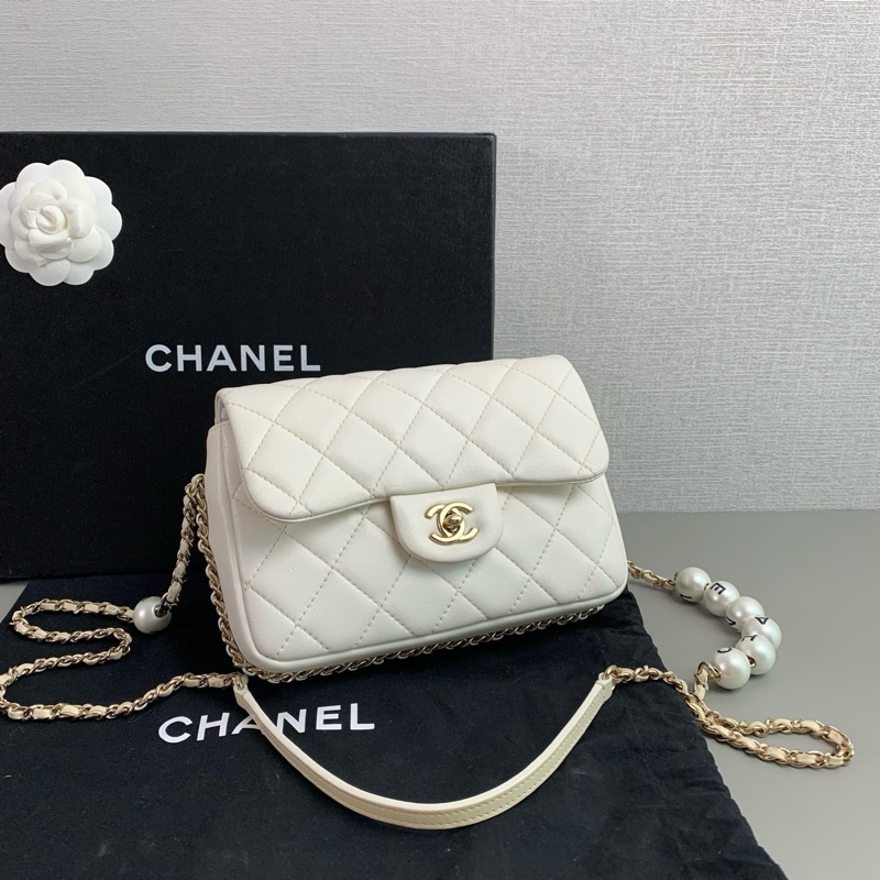 Chanel 白色羊皮 珍珠鏈條cf 大mini-4