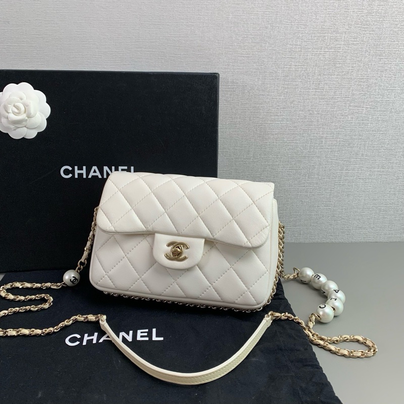 Chanel 白色羊皮 珍珠鏈條cf 大mini-5