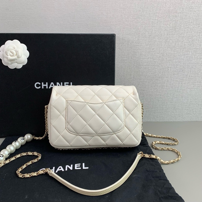Chanel 白色羊皮 珍珠鏈條cf 大mini-6