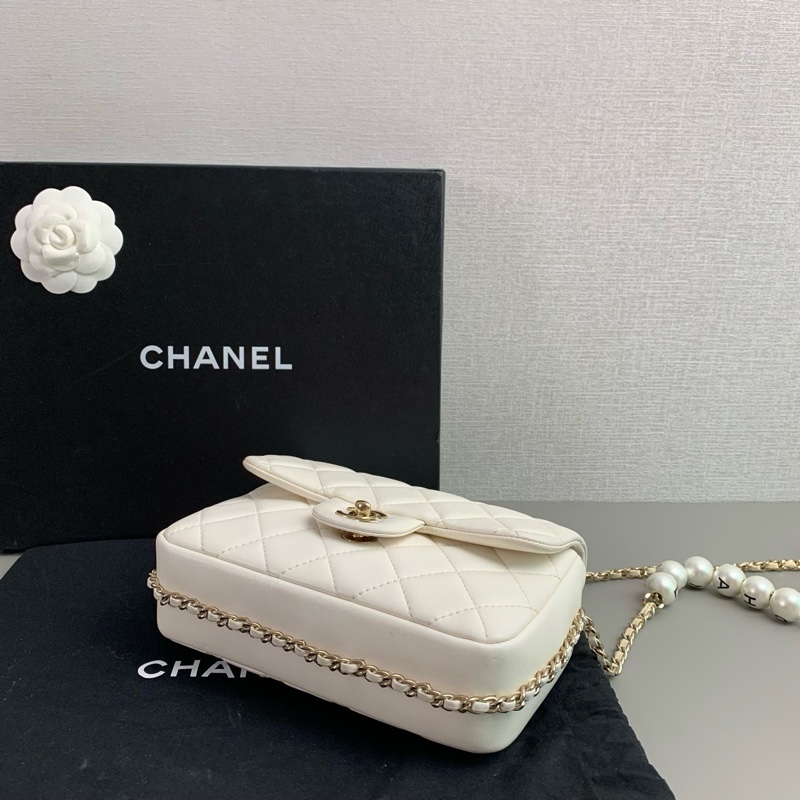 Chanel 白色羊皮 珍珠鏈條cf 大mini-7