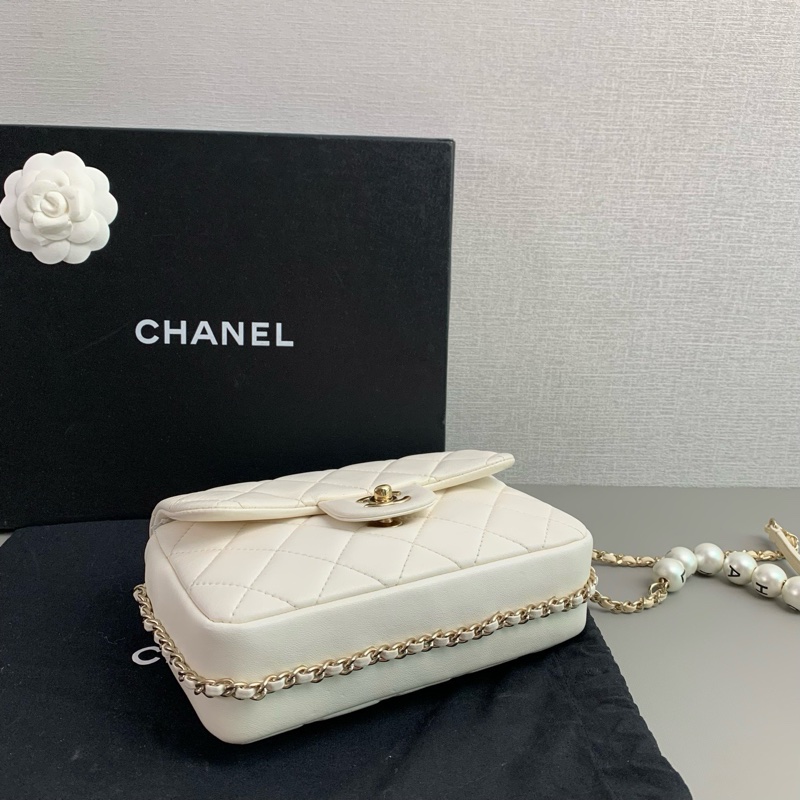 Chanel 白色羊皮 珍珠鏈條cf 大mini-8