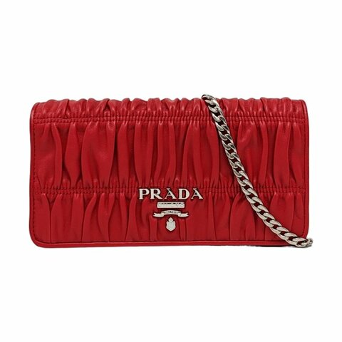 PRADA 紅色羊皮單肩包 銀色五金 可拆卸肩帶 配件齊全 9.8新