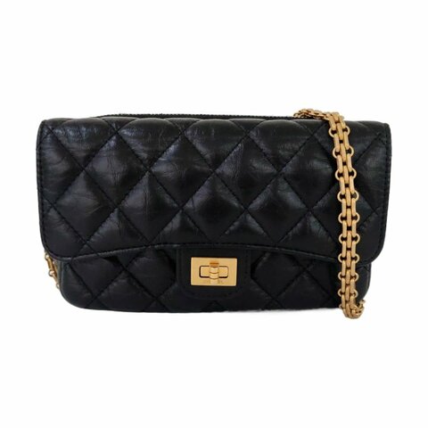 CHANEL 2.55 黑色牛皮萎格紋絎縫單肩包斜挎包 金色五金 晶片款 9.8新