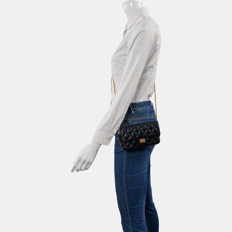 CHANEL 2.55 黑色牛皮萎格紋絎縫單肩包斜挎包 金色五金 晶片款 9.8新-1