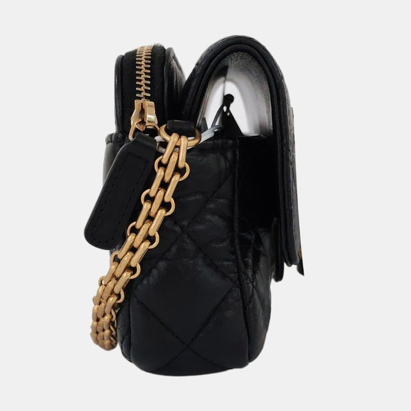 CHANEL 2.55 黑色牛皮萎格紋絎縫單肩包斜挎包 金色五金 晶片款 9.8新-3