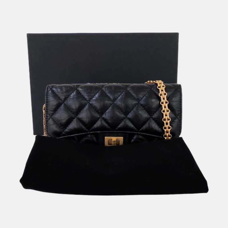 CHANEL 2.55 黑色牛皮萎格紋絎縫單肩包斜挎包 金色五金 晶片款 9.8新-7