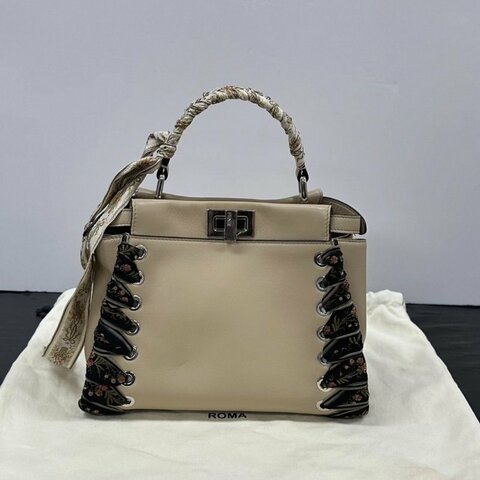 FENDI淺棕色peekaboo黑花編織帶手提肩背斜背包22*18*12 99新配件塵袋