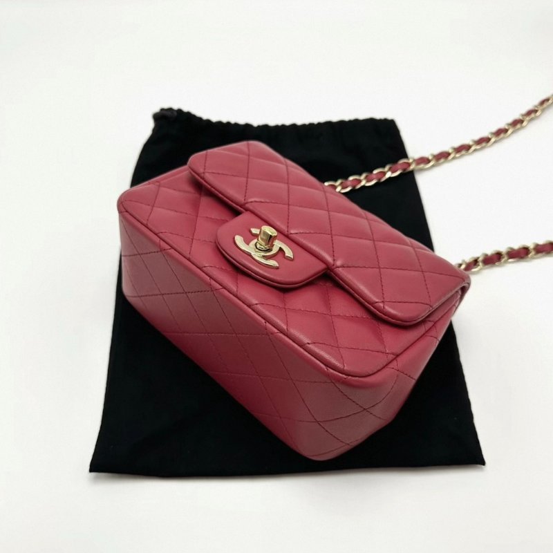 CHANEL 紅金方胖子肩背斜背雙鏈包16*12*7 98新配件塵袋保卡-1