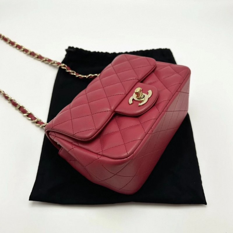 CHANEL 紅金方胖子肩背斜背雙鏈包16*12*7 98新配件塵袋保卡-2