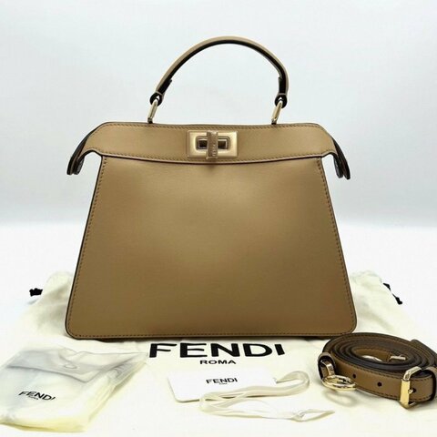 FENDI 奶茶色金扣 peekaboo手提肩背斜背包27*21*11 全新閒置配件塵袋
