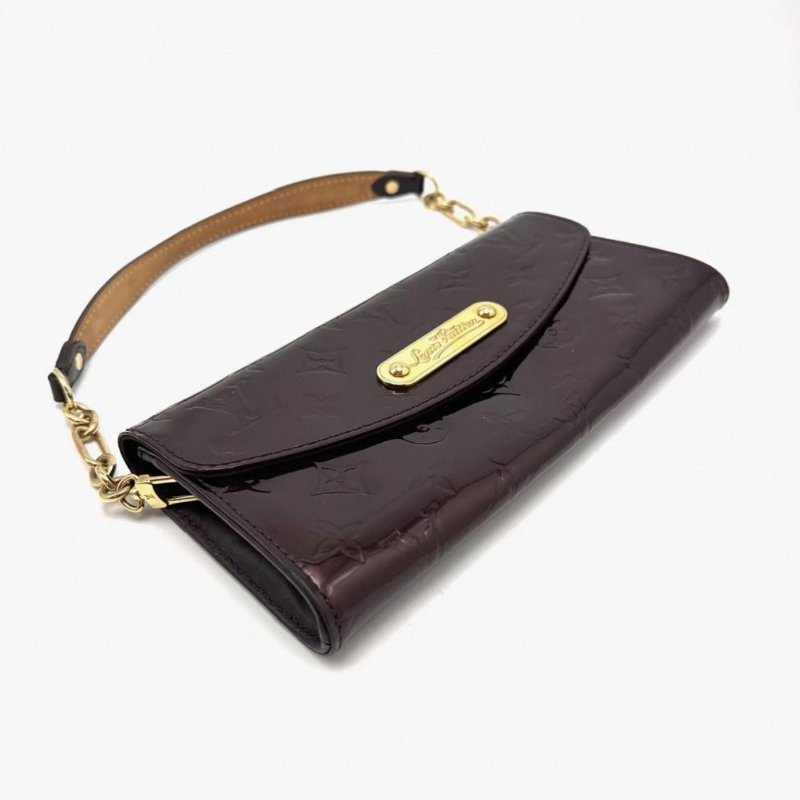 LV 酒紅色金扣漆皮手提腋下包24*11*3 98新配件塵袋-3