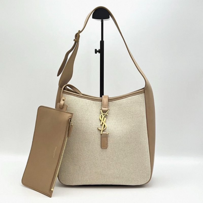 YSL 帆布拼皮金扣hobo肩背腋下子母包 22*22*9 98新配件塵袋-0