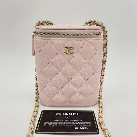 CHANEL 櫻花粉金菱格紋肩背斜背煙盒包10*13*4 98新配件保卡塵袋