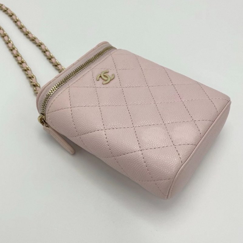 CHANEL 櫻花粉金菱格紋肩背斜背煙盒包10*13*4 98新配件保卡塵袋-2