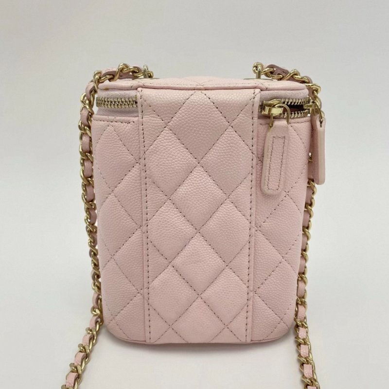 CHANEL 櫻花粉金菱格紋肩背斜背煙盒包10*13*4 98新配件保卡塵袋-4