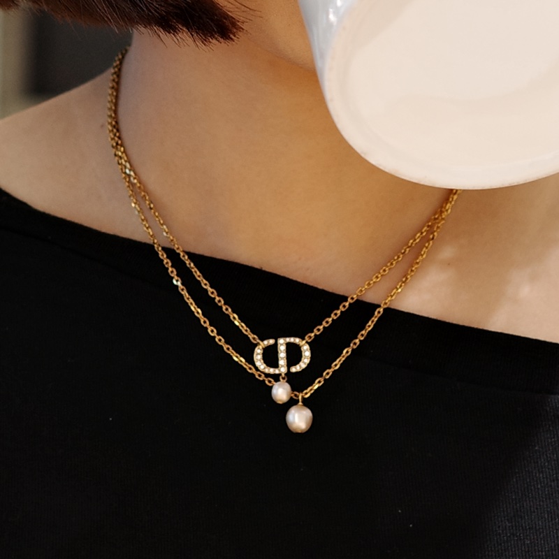 迪奧 Dior項鍊 珍珠項鍊 雙鍊 金色-4