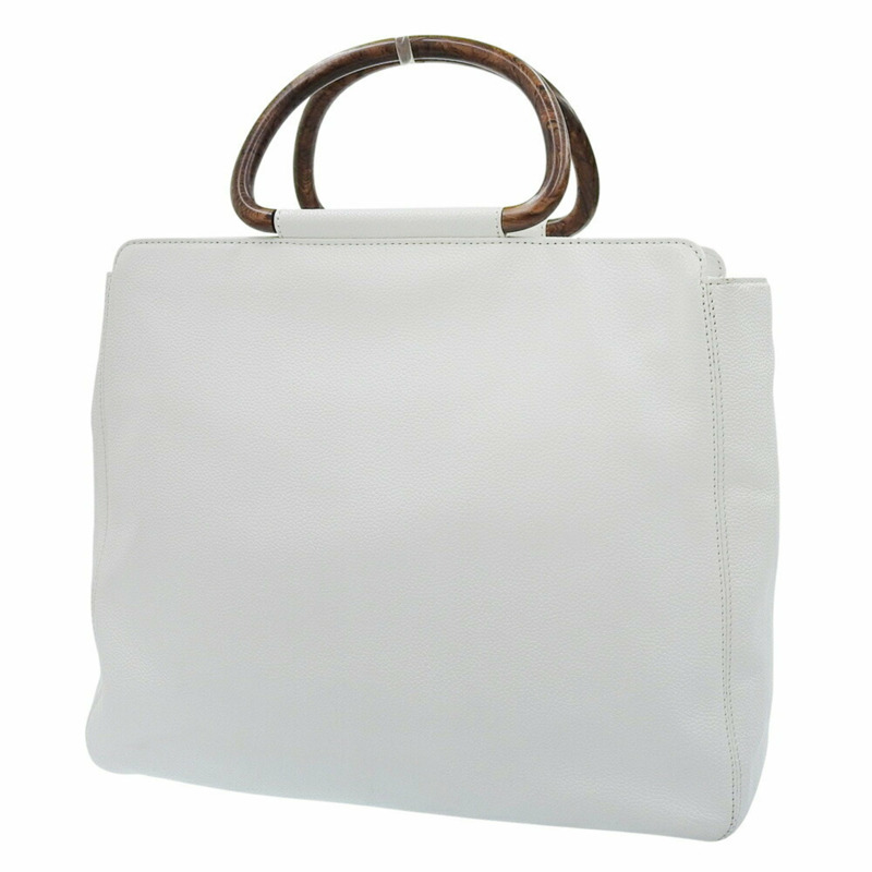 香奈兒 5 號托特包，手提包，木質手柄，魚子醬皮，白色-1