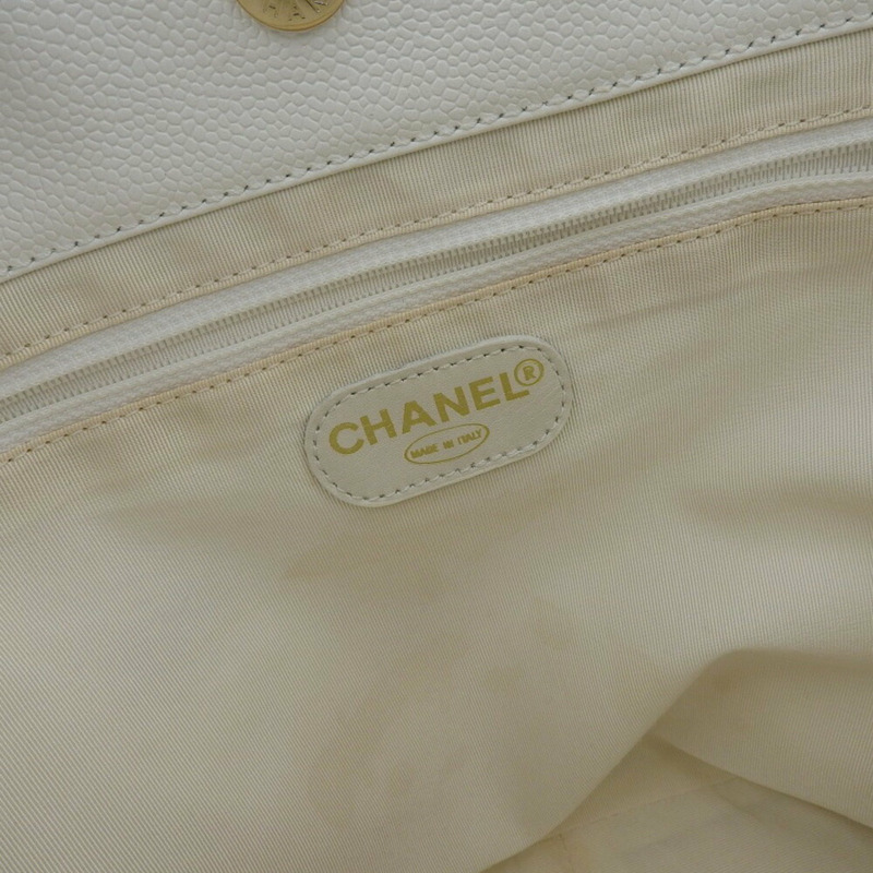 香奈兒 5 號托特包，手提包，木質手柄，魚子醬皮，白色-7