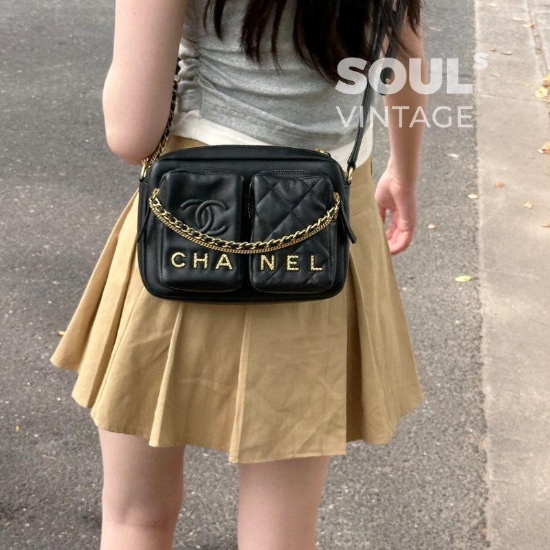 CHANEL 雙口袋炸藥包 - 小號黑金-1