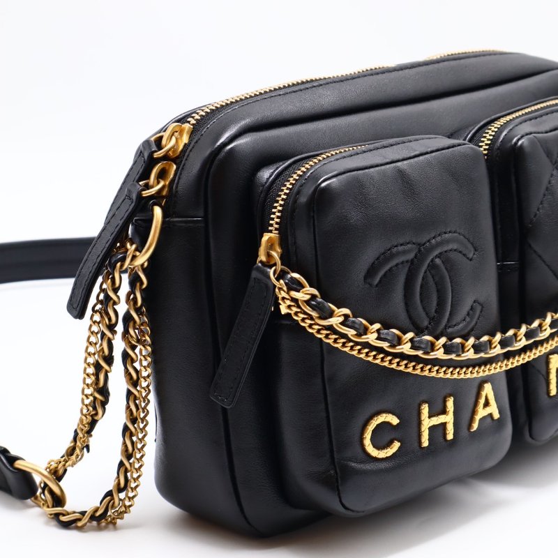 CHANEL 雙口袋炸藥包 - 小號黑金-7