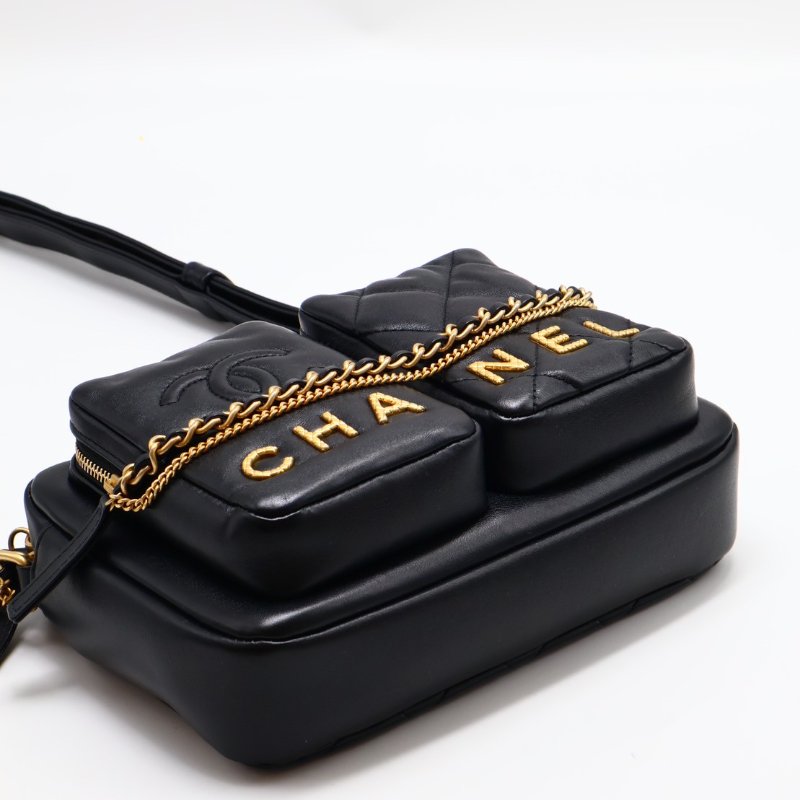 CHANEL 雙口袋炸藥包 - 小號黑金-8