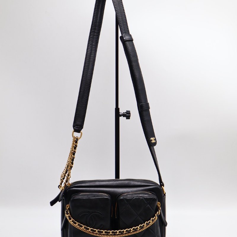 CHANEL 雙口袋炸藥包 - 小號黑金-10