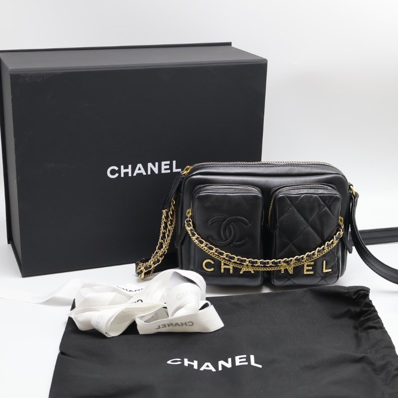 CHANEL 雙口袋炸藥包 - 小號黑金-11