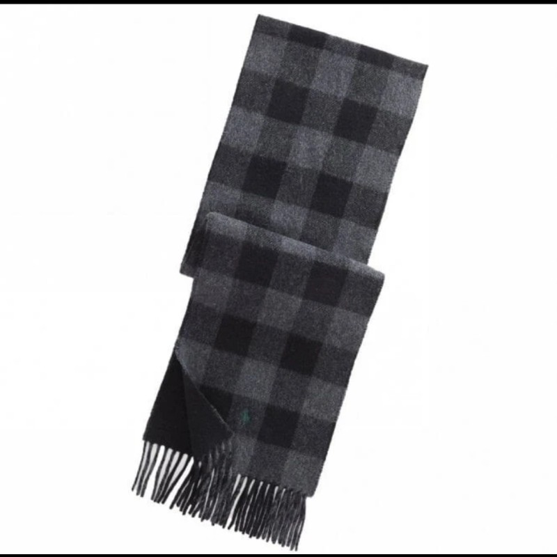 Polo Ralph Lauren RL 黑灰 大格子 羊毛 圍巾-1