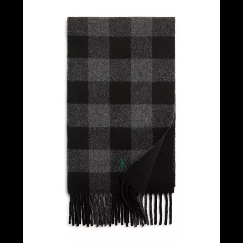 Polo Ralph Lauren RL 黑灰 大格子 羊毛 圍巾-2