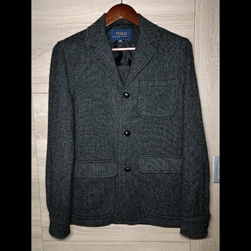 Polo Ralph Lauren 深灰 羊毛 羊駝毛 粗毛呢 人字紋 寬鬆 西裝外套 38R-0