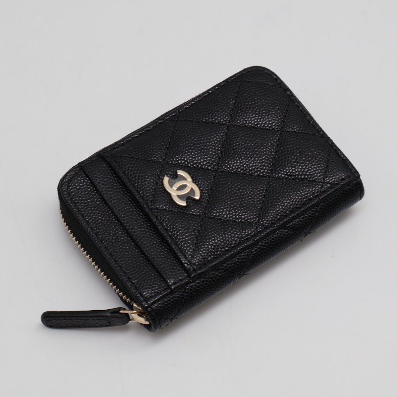 CHANEL 粒面牛皮拉鍊零錢卡包 - 黑金31開-0
