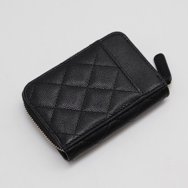 CHANEL 粒面牛皮拉鍊零錢卡包 - 黑金31開-1