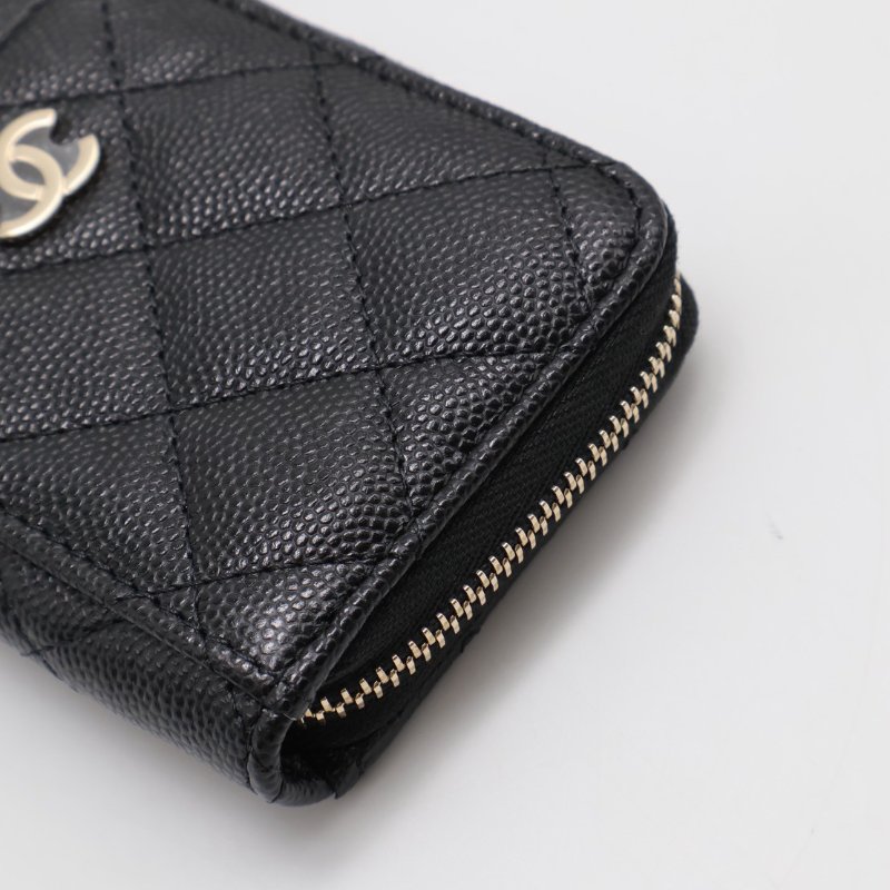 CHANEL 粒面牛皮拉鍊零錢卡包 - 黑金31開-3