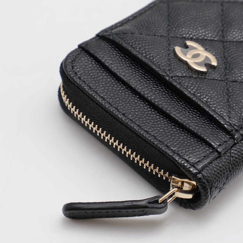 CHANEL 粒面牛皮拉鍊零錢卡包 - 黑金31開-4